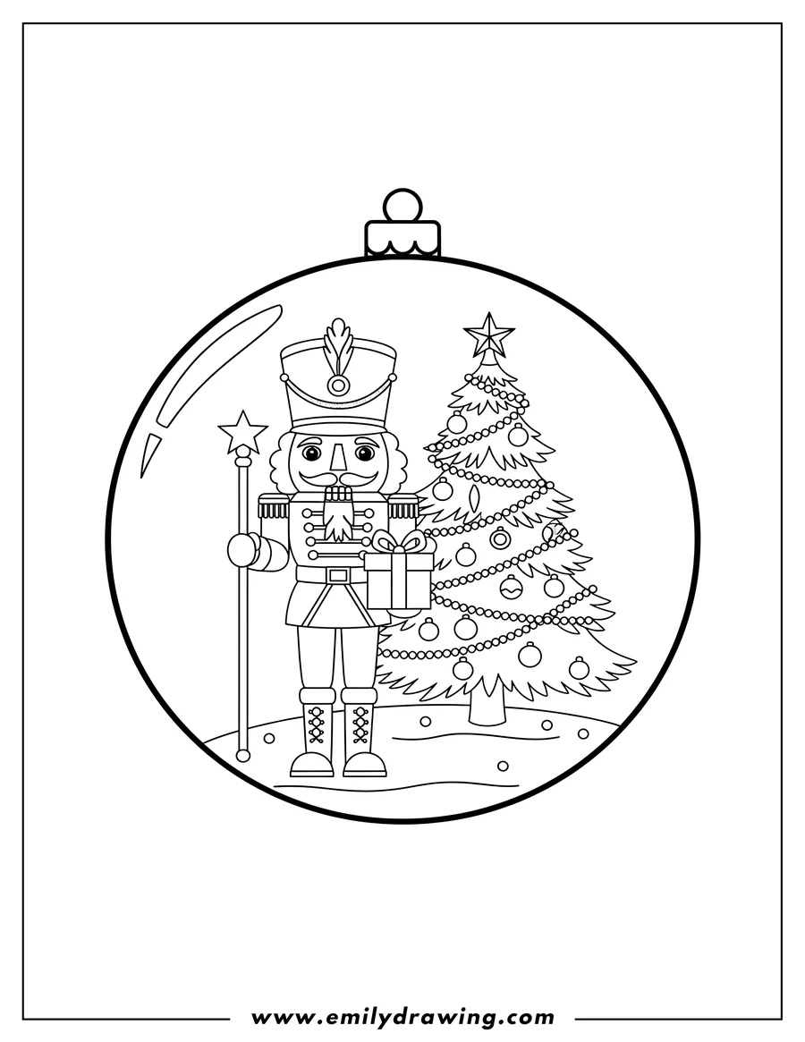 High quality printable nutcracker holding a staff, a gift, and a decorated Christmas tree inside a Christmas bauble for coloring