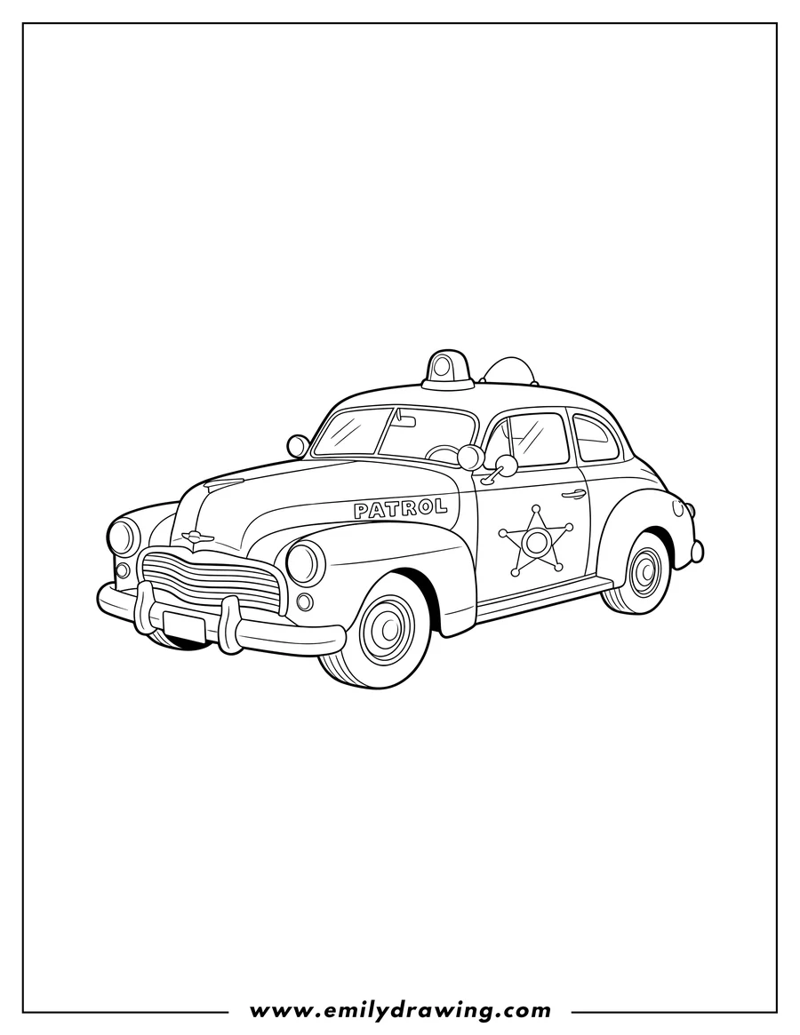 Full page coloring image of old School Police Sheriffs Car with 'PATROL' text, a Sheriff's Star, and a Siren Light, To Color Scaled