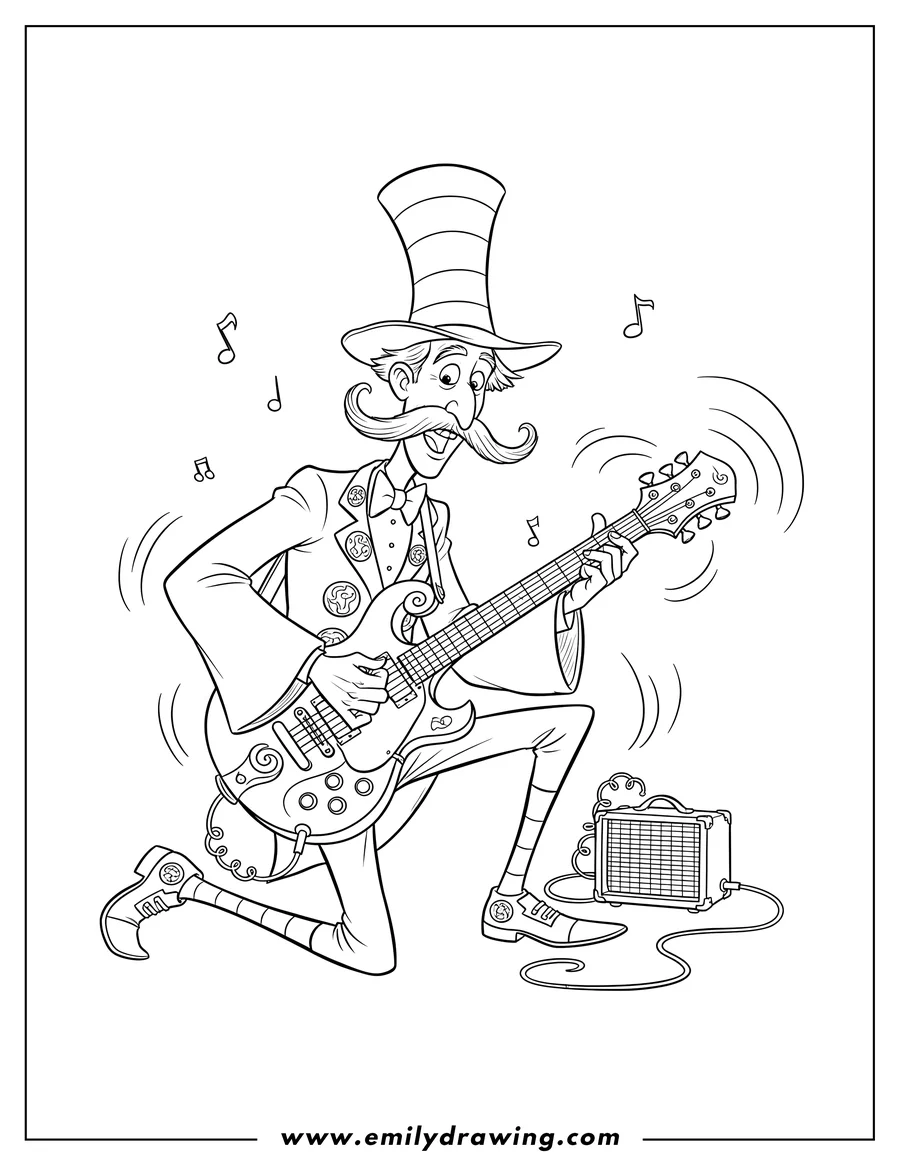Free to print drawing of once Ler playing electric guitar while kneeling
