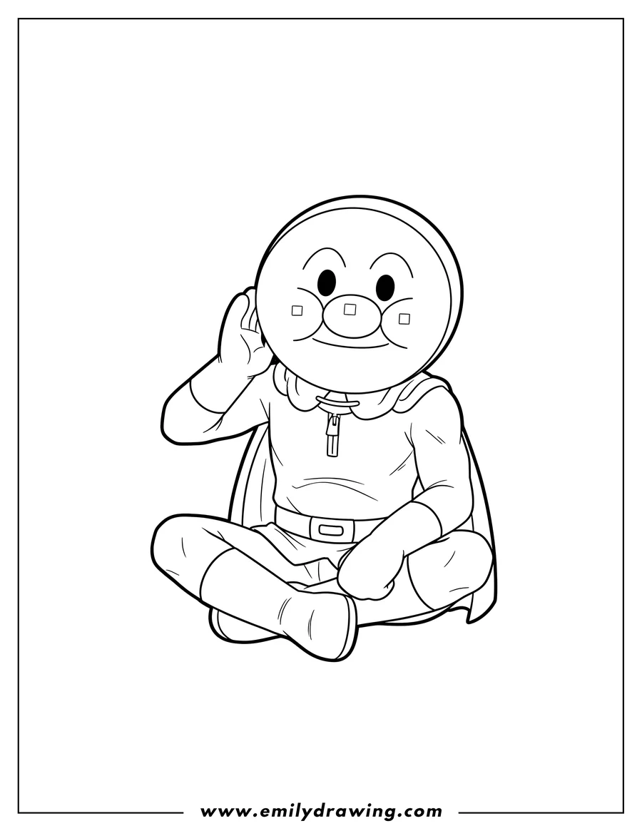 Coloring sheet featuring one Punch Man as Anpanman sitting and plugging his ear