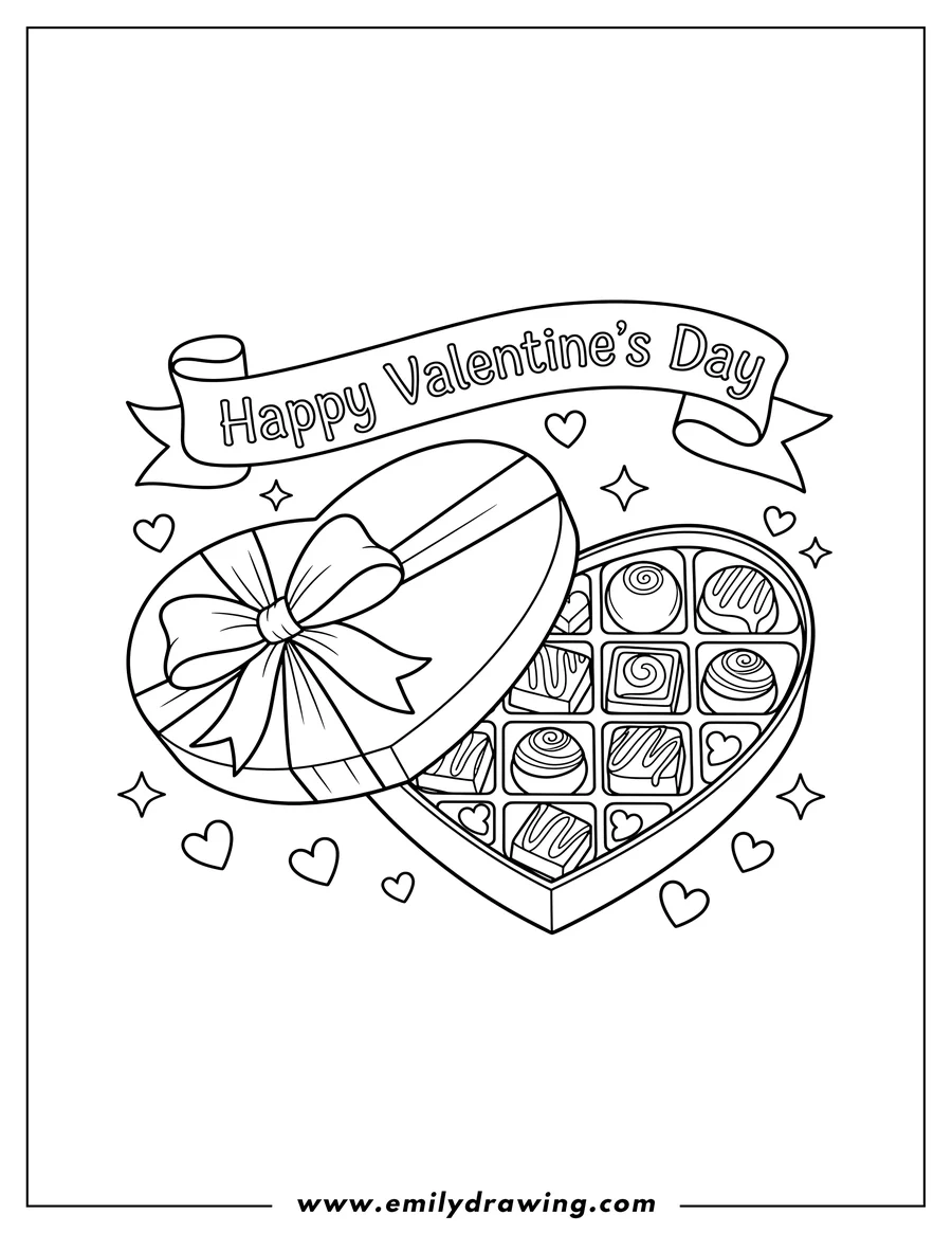 Free to print drawing of open heart-shaped box of chocolates with a bow, and Happy Valentine's Day text