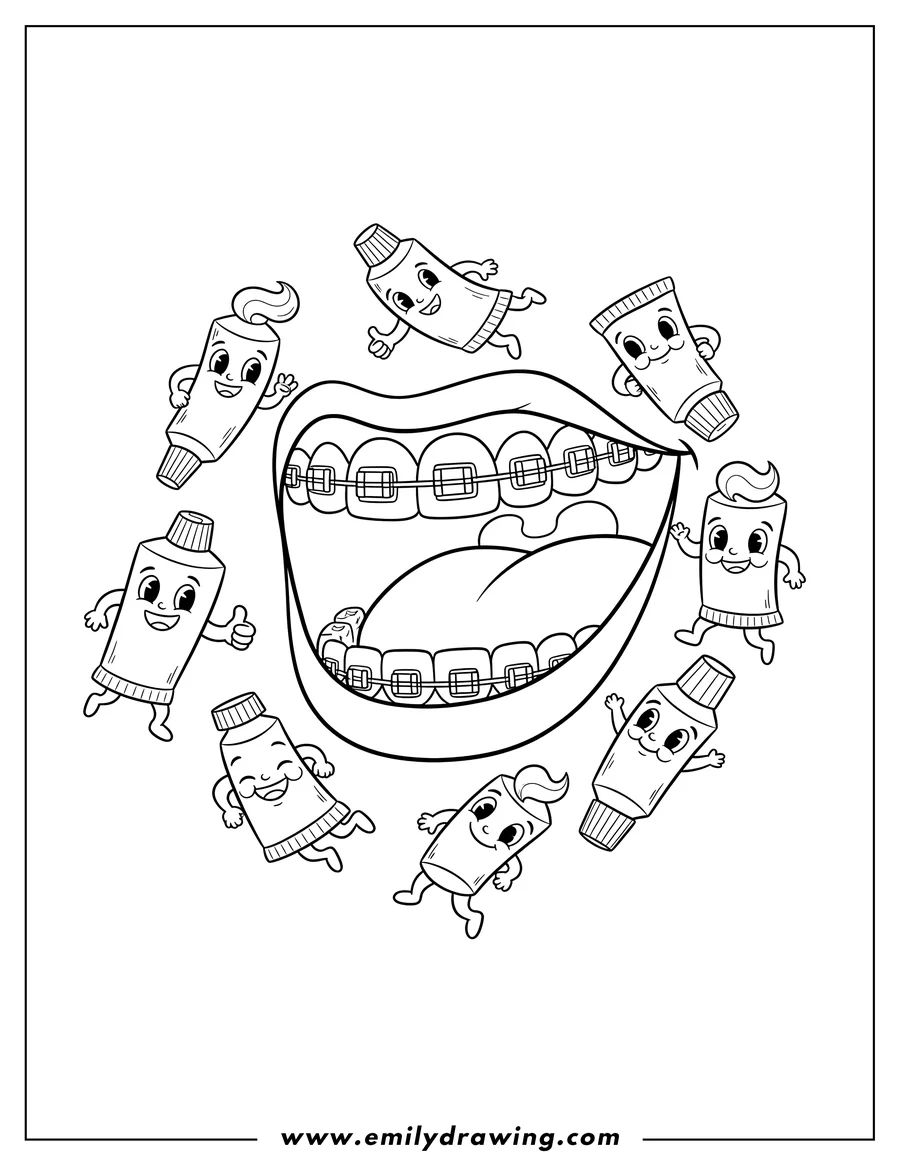 Free printable coloring sheet of open smiling mouth with braces, surrounded by happy mini toothpaste tubes