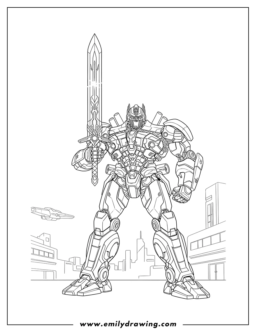 Downloadable coloring page of realistic Optimus Prime From Transformers Movie holding a sword