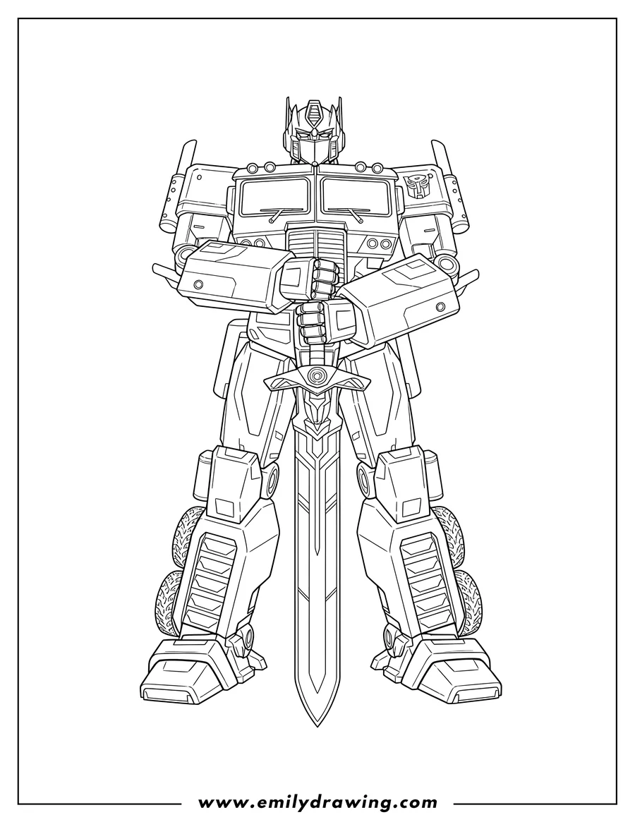 Full page coloring image of realistic Optimus Prime standing, holding Sword Judgement with both hands, blade pointed down