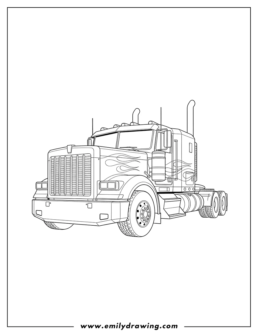 Printable line art of realistic Optimus Prime Truck Form, with flames and tall exhaust stacks