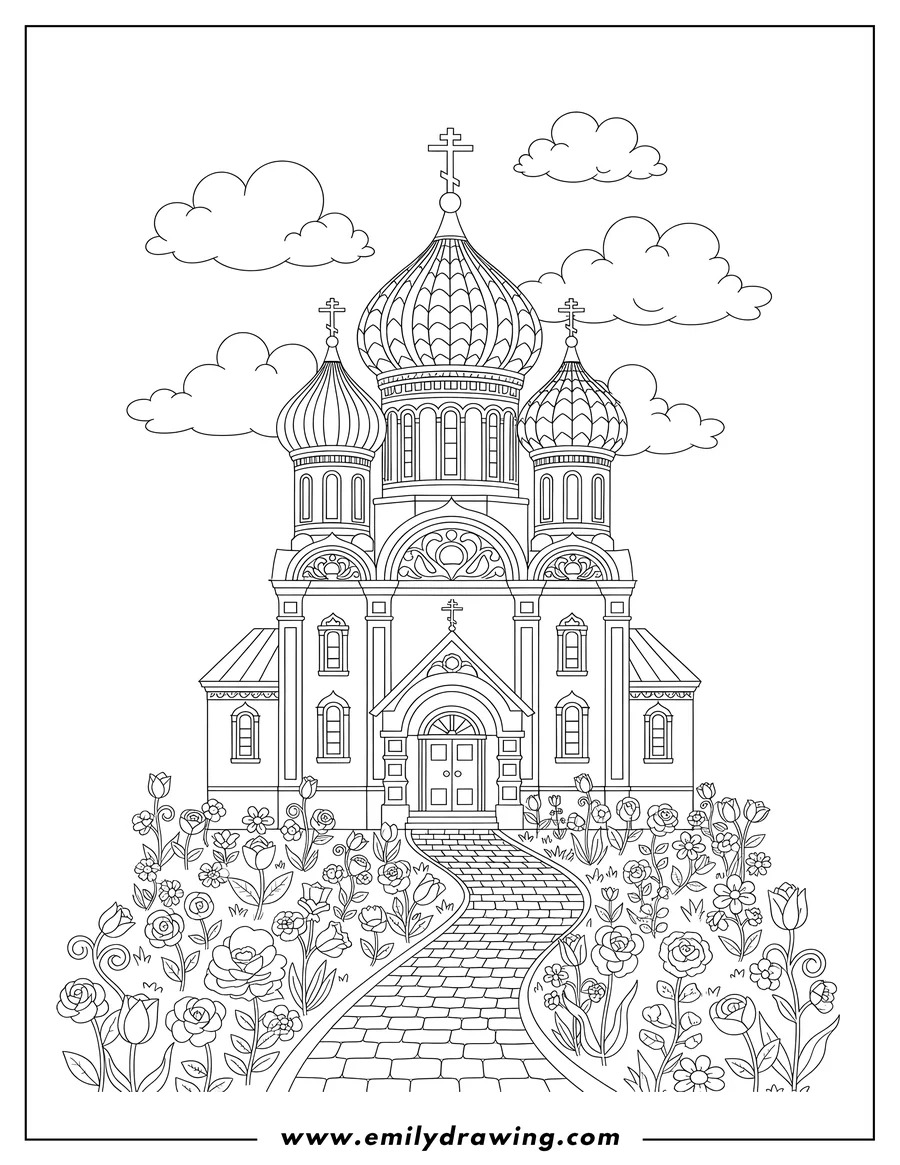 Clean line drawing: ornate Orthodox Church with Cross-Topped Onion Domes, a Garden Path with Flowers, and Clouds