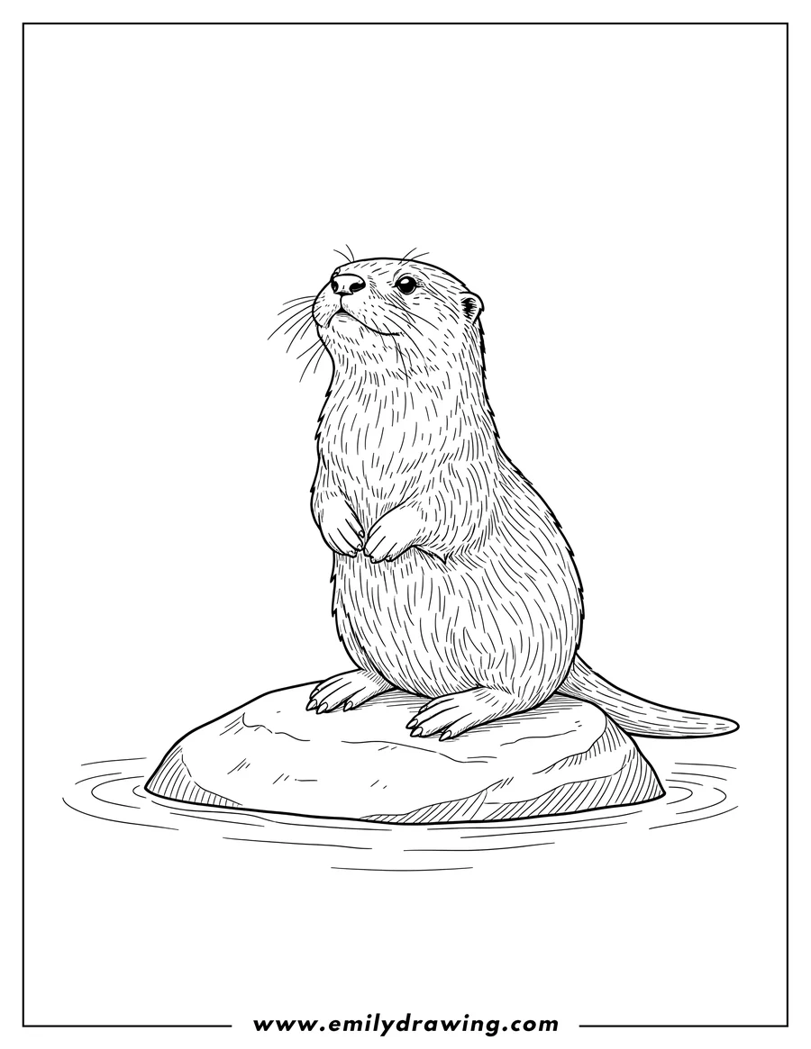 Outline drawing of realistic Otter Sitting On Rock in water, looking up