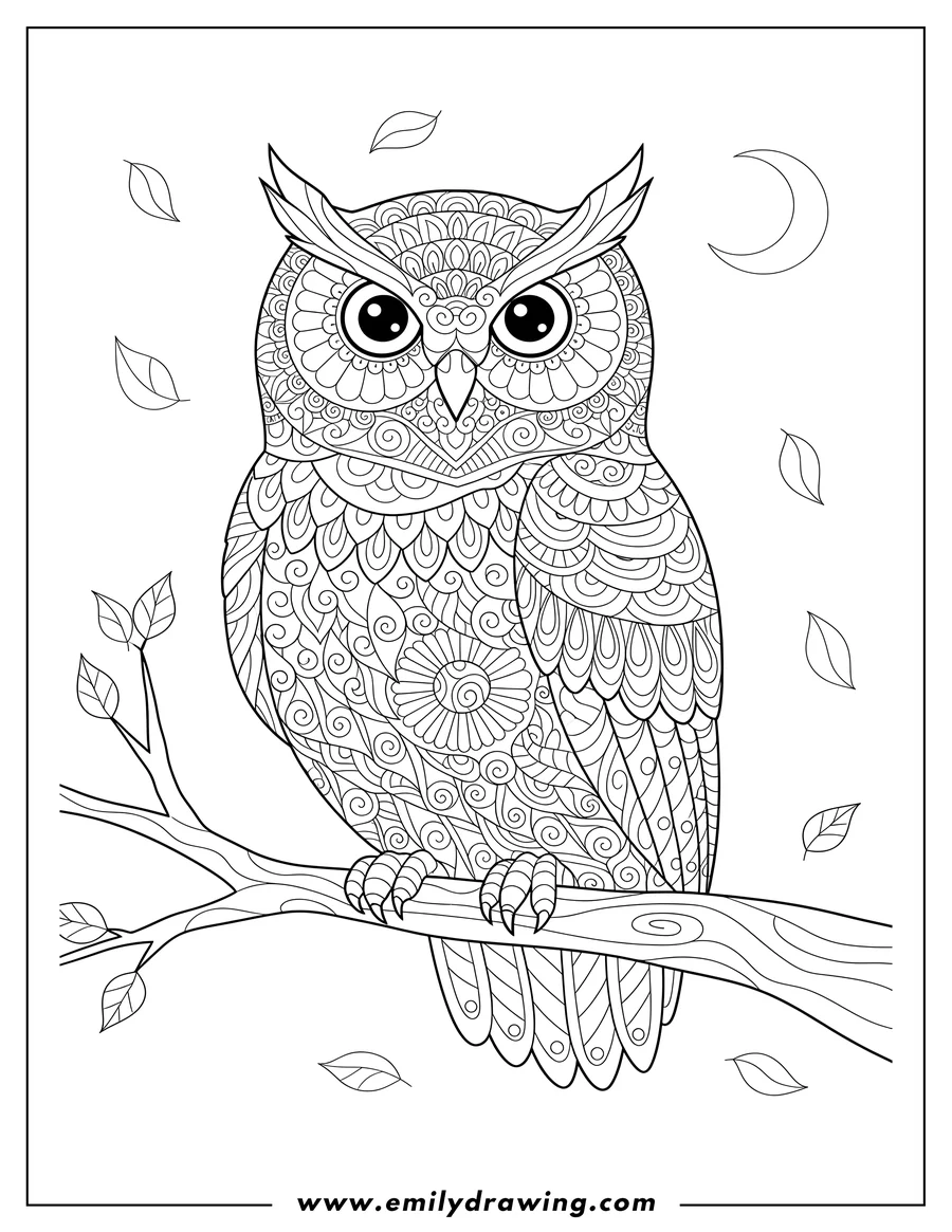 Simple sketch of realistic Owl Zentangle, perched on a branch, facing forward to color