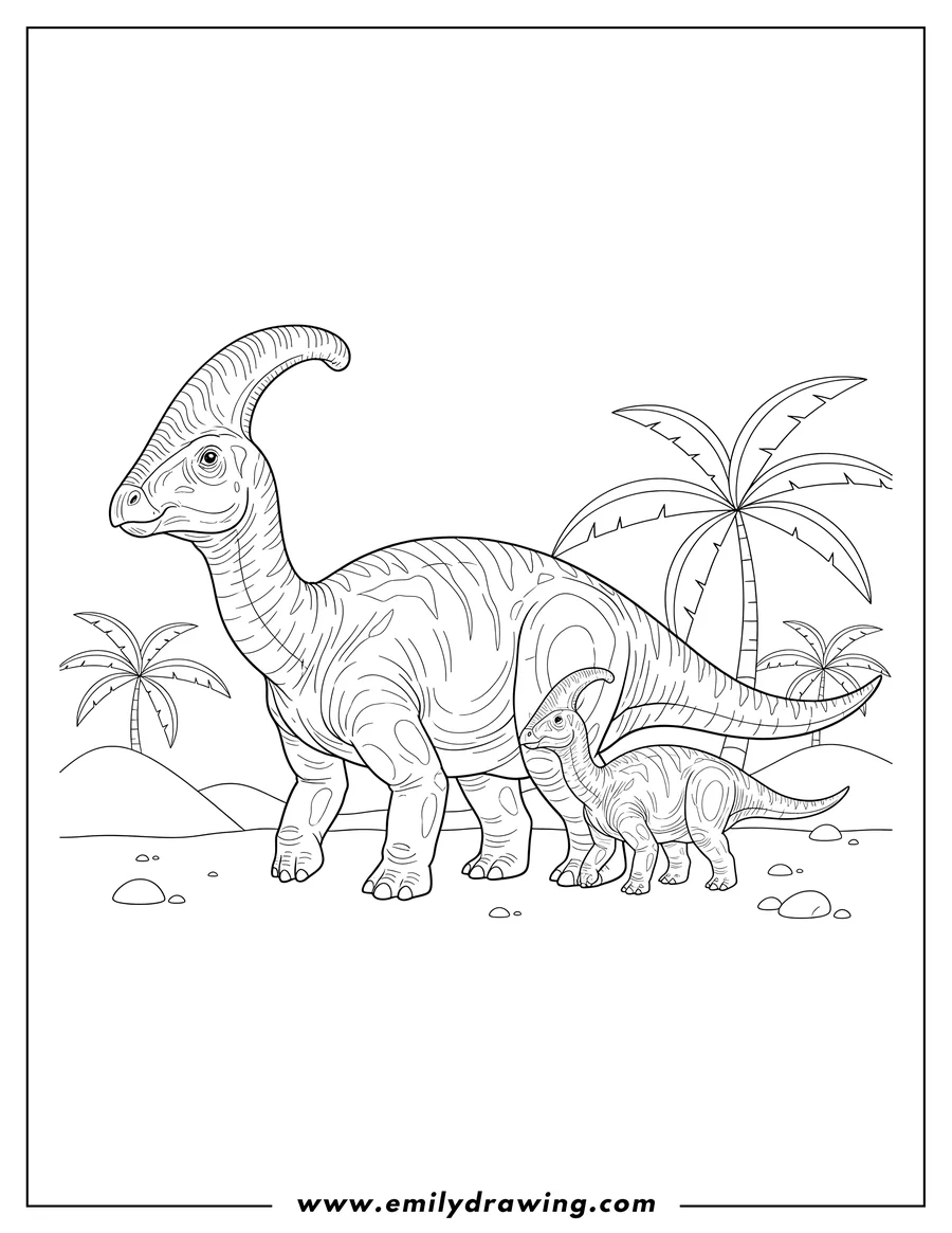 Linear illustration of realistic Parasaurolophus adult and baby walking together