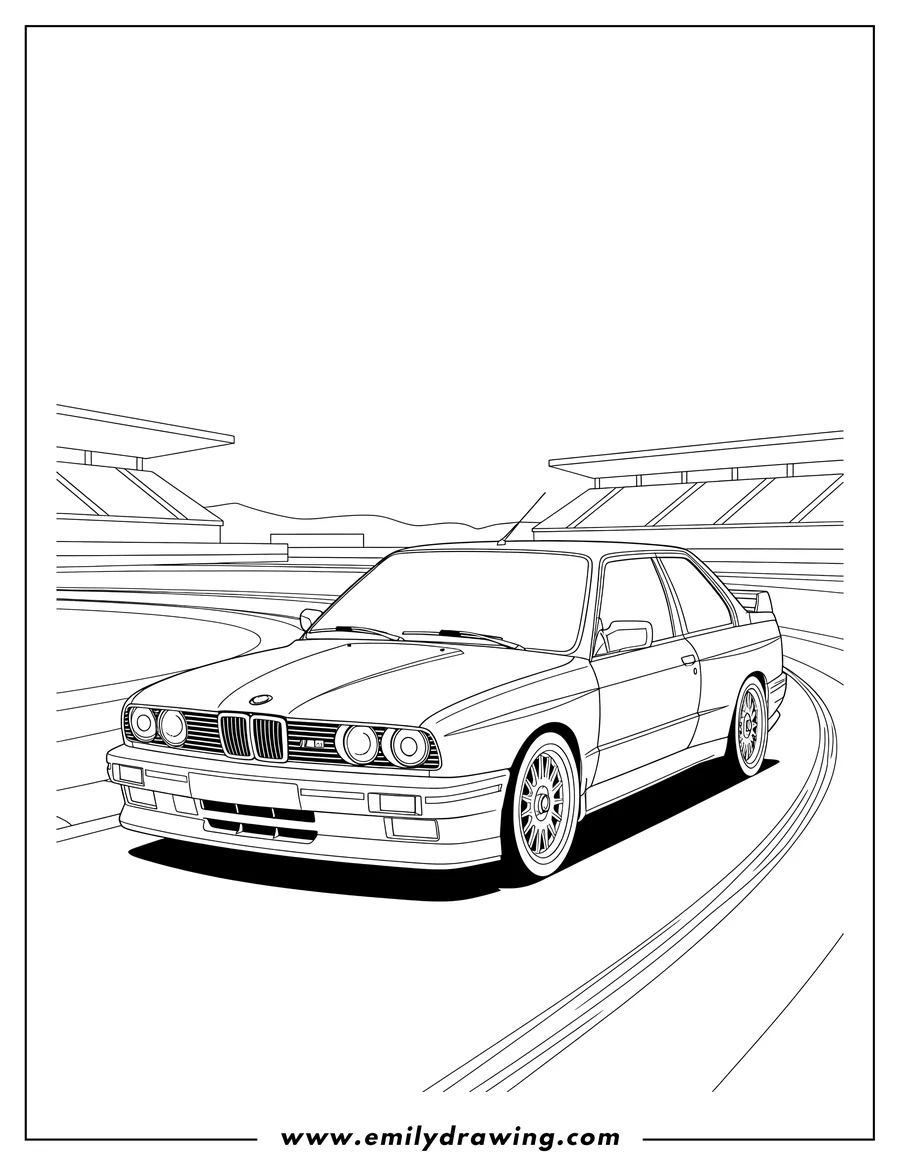 Free to print drawing of parked BMW E30 M3 from a front-side view on a track