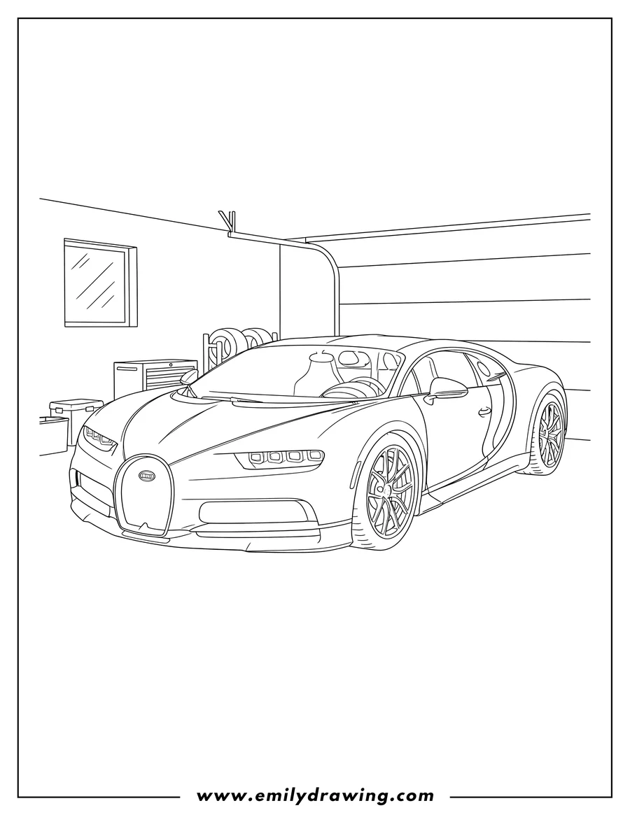 Printable coloring page of parked Bugatti Chiron Garage, front-left view
