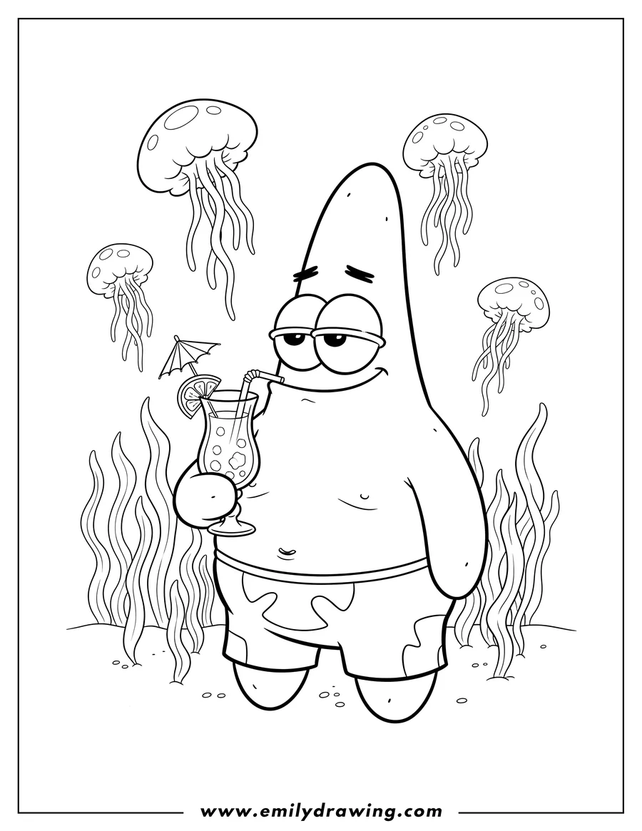 Coloring sheet featuring patrick Star wearing swim trunks, looking sleepy, drinking a cocktail in front of Jellyfish Fields