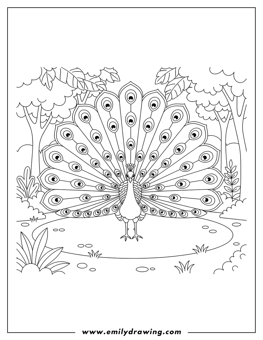 Doodle style coloring picture of peacock standing proudly with fully fanned tail in a forest clearing