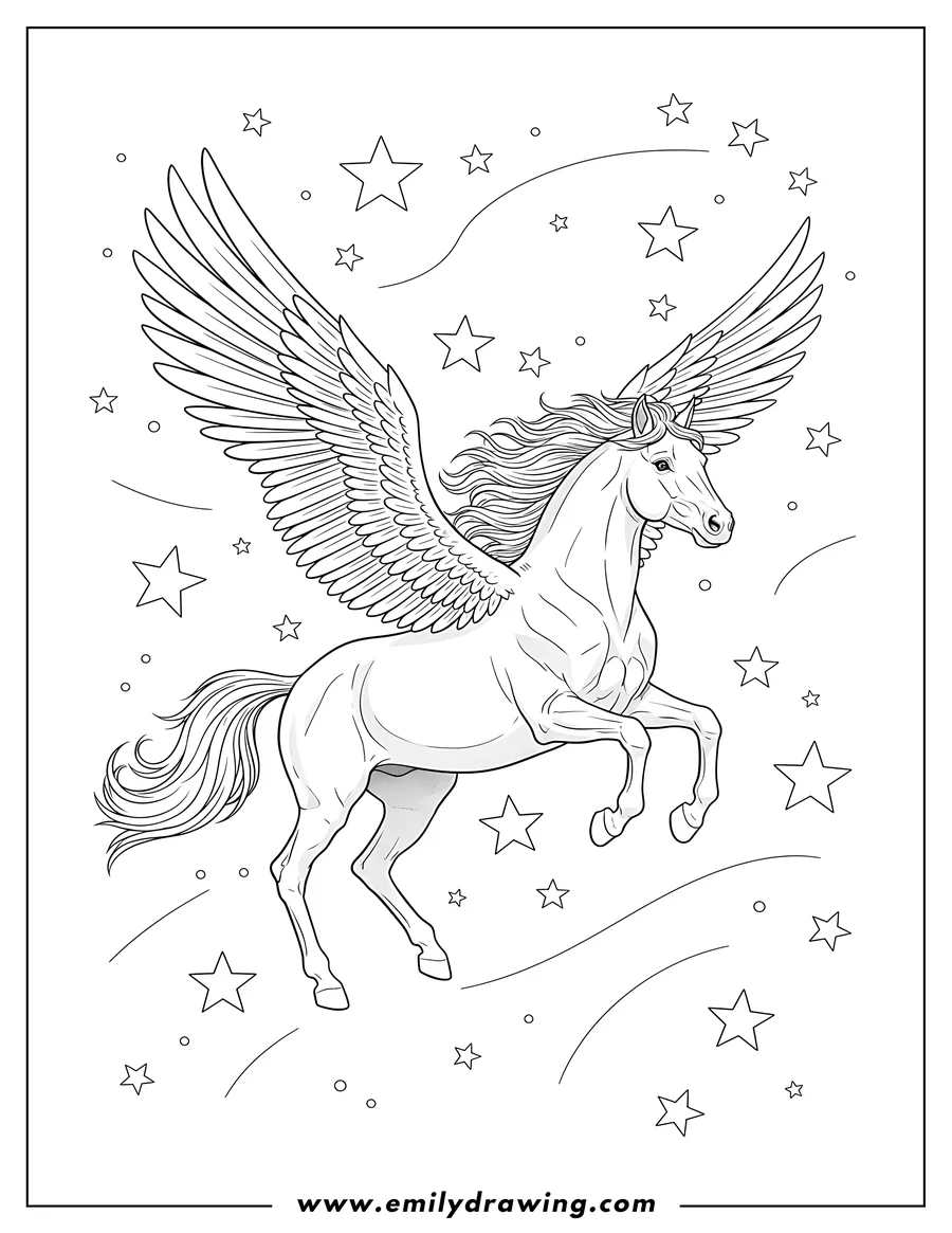 Black and white line art of realistic Pegasus flying with wings spread and front legs raised in a starry night sky
