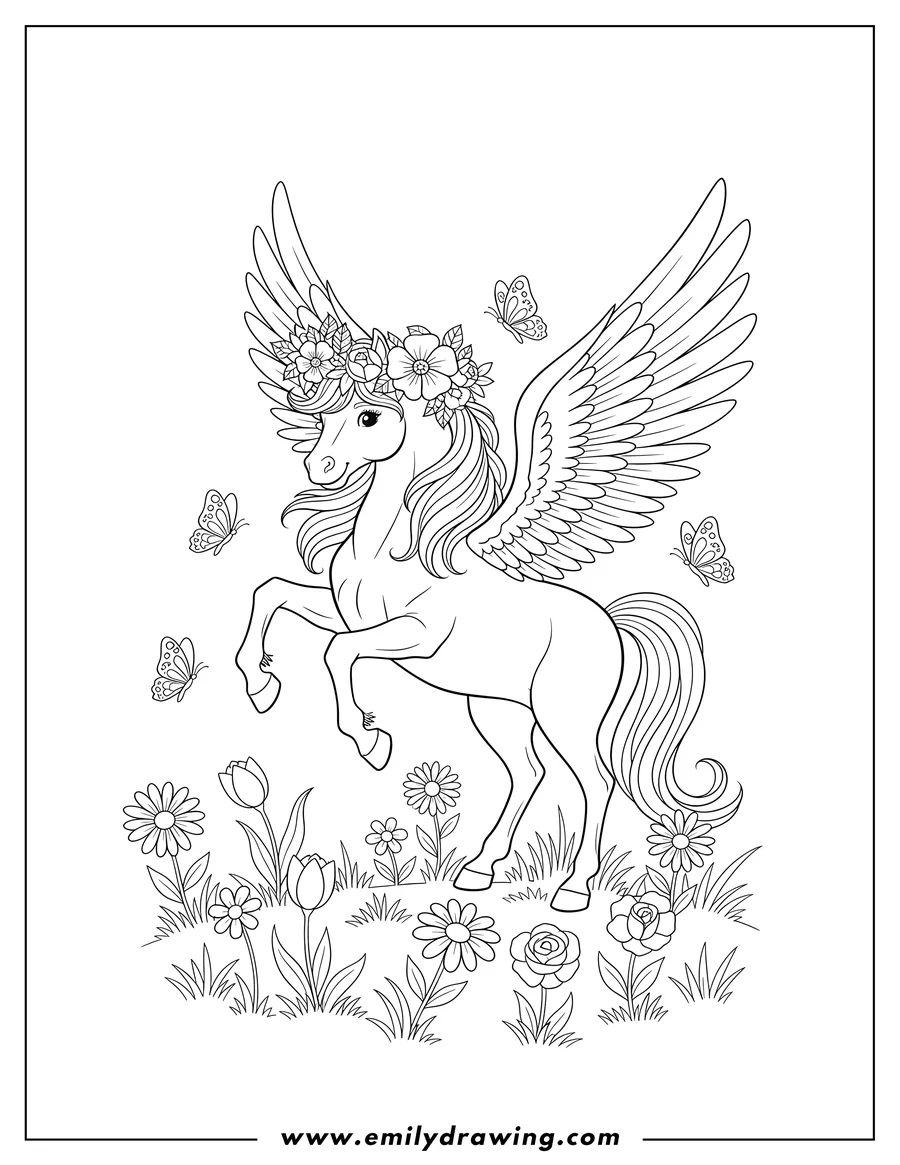 Downloadable coloring page of A pegasus with a floral wreath on its head, lifting one front leg, in a meadow with flying butterflies