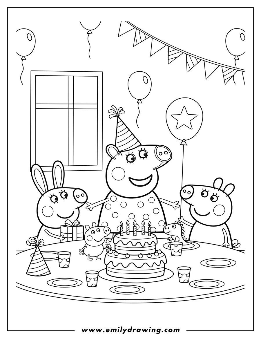 Printable line art of peppa Pig With Friends At Birthday Party Scaled with Rebecca Rabbit, Suzy Sheep, and George Pig celebrating around a large birthday cake