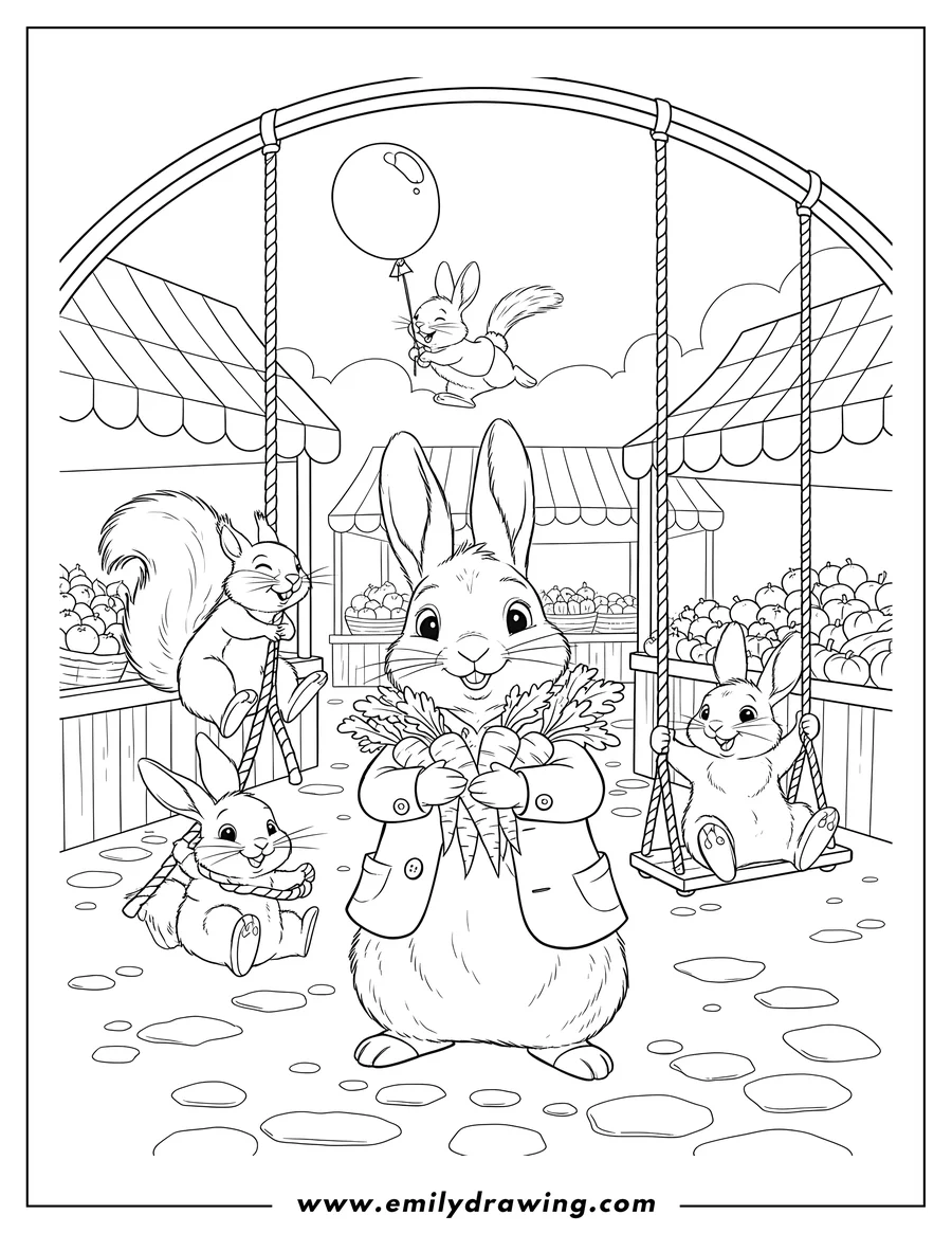 Outline drawing of peter Rabbit holding carrots, with friends swinging and flying, at a market