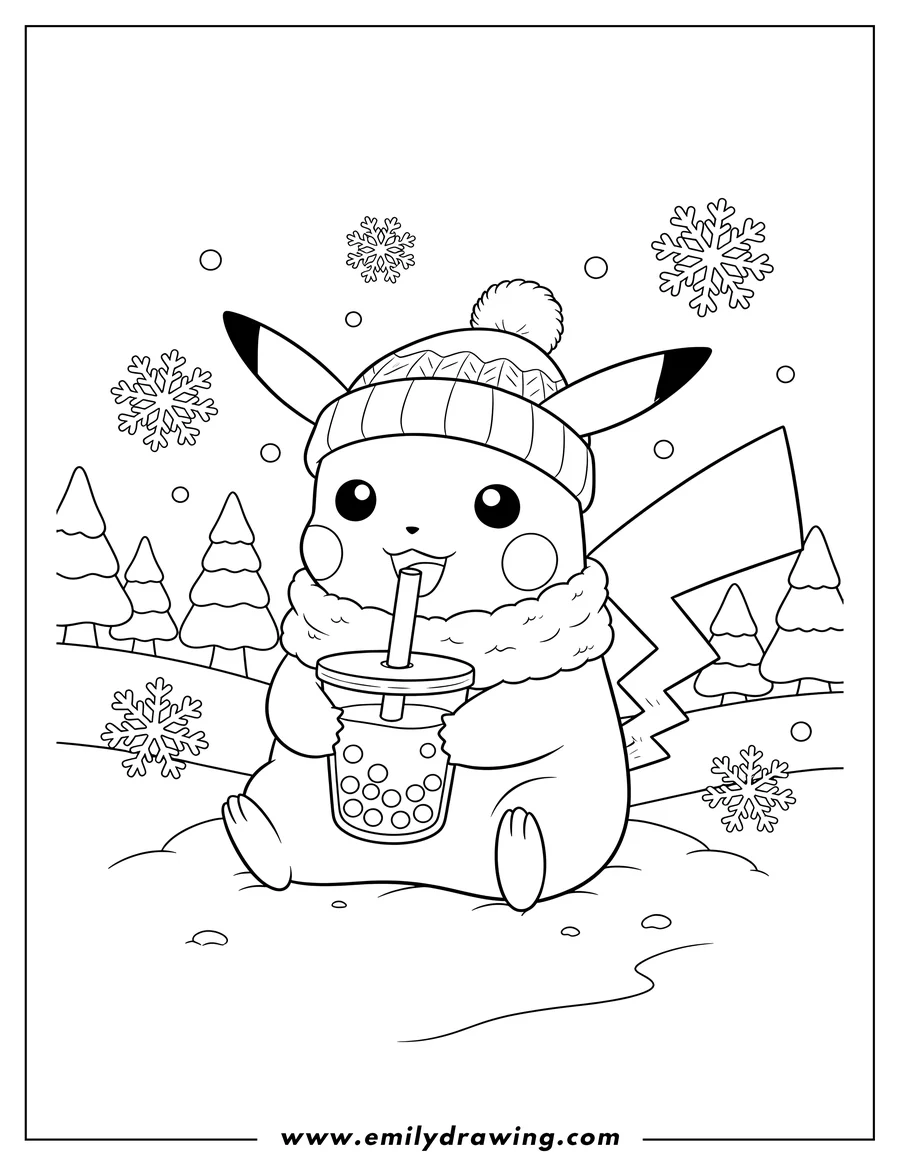 Coloring sheet featuring pikachu sitting in a snowy landscape, drinking boba tea with a straw
