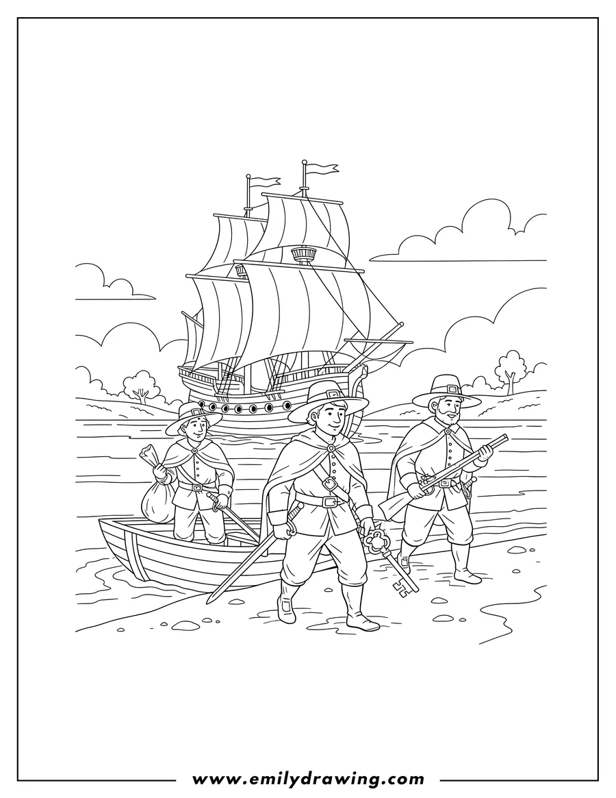 Vector style outline of realistic Pilgrims On Shore With Ship Background, with pilgrims wading ashore from a boat, carrying swords