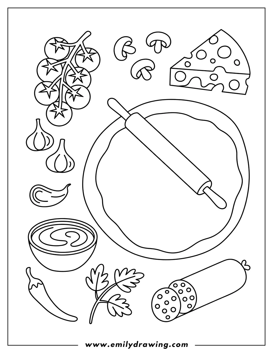 Doodle style coloring picture of pizza Dough
