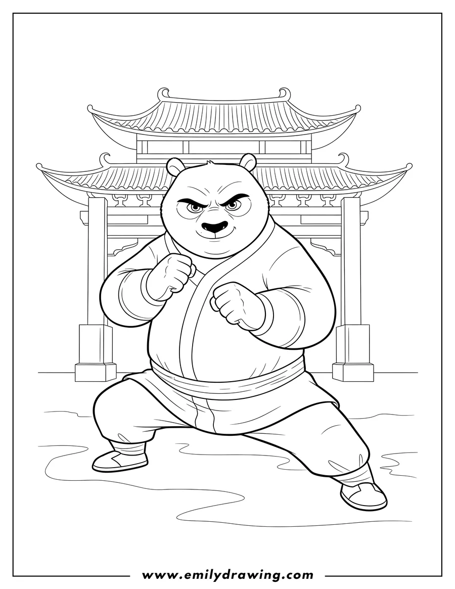 Downloadable coloring page of po Front Temple in a determined martial arts pose