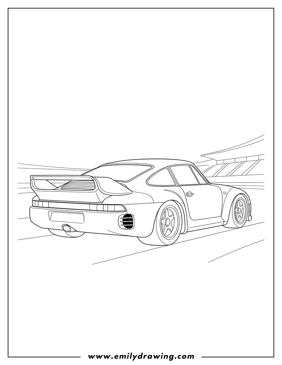 Coloring page for kids: porsche 959 Moby Dick, rear three-quarter view, coloring page