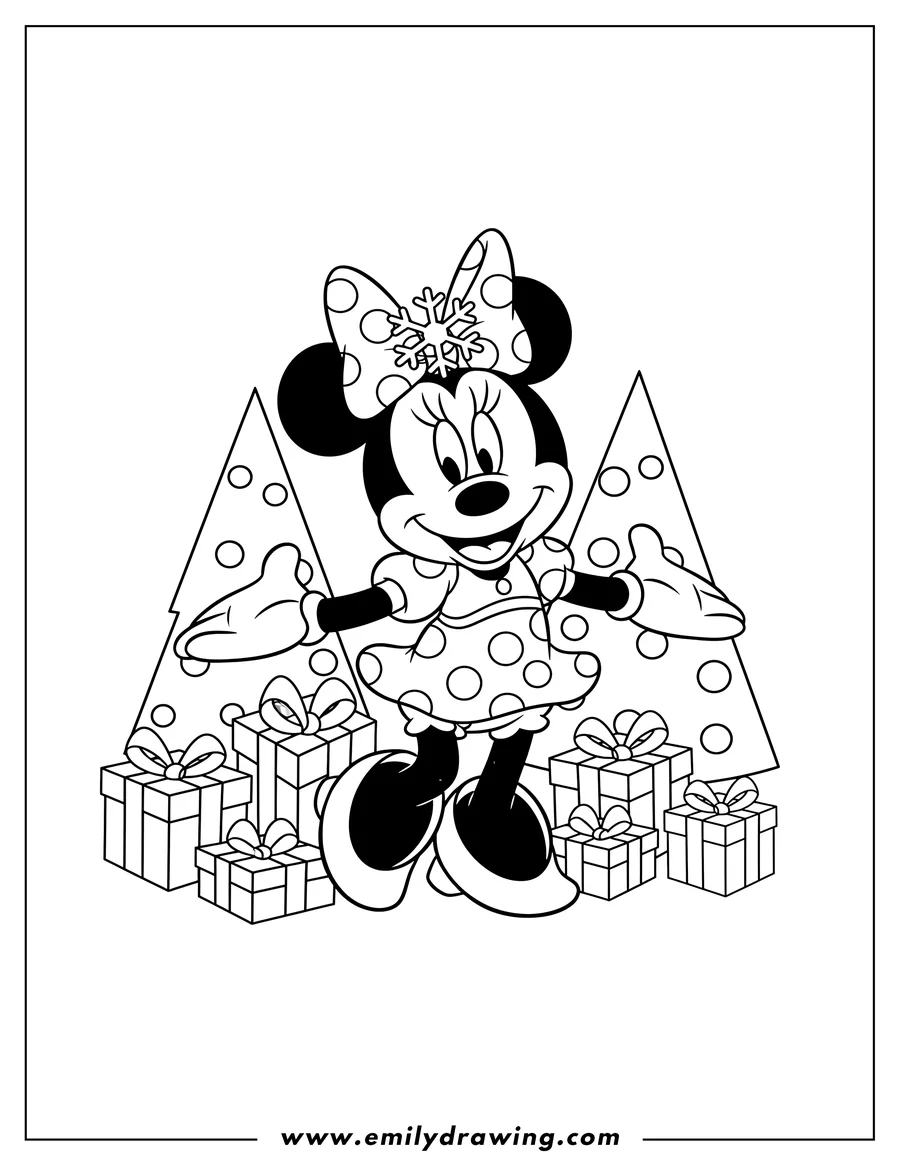 Outline drawing of pretty Minnie Mouse smiling, wearing a polka-dot dress and a bow with a snowflake, with Christmas trees and presents