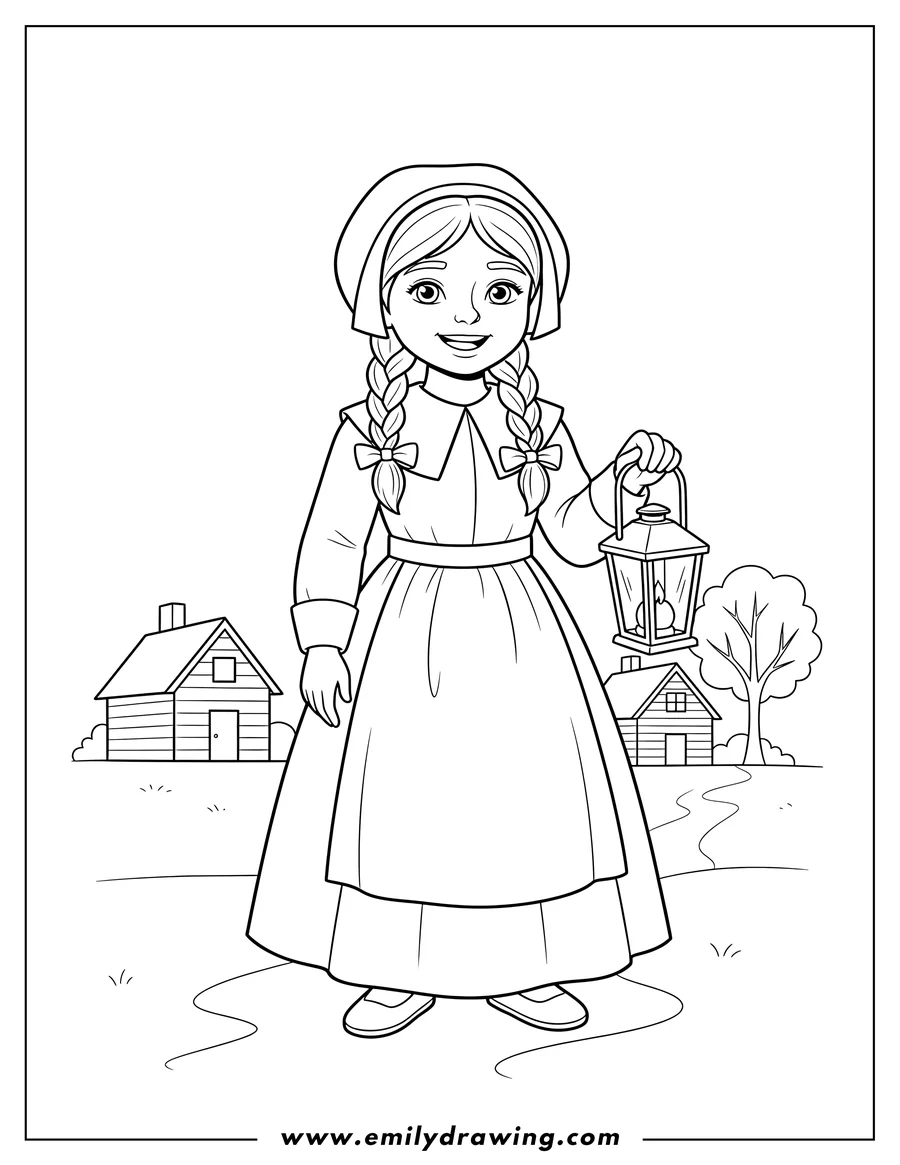 Full page coloring image of pretty Pilgrim Girl with pigtails, smiling, holding a lantern in a village