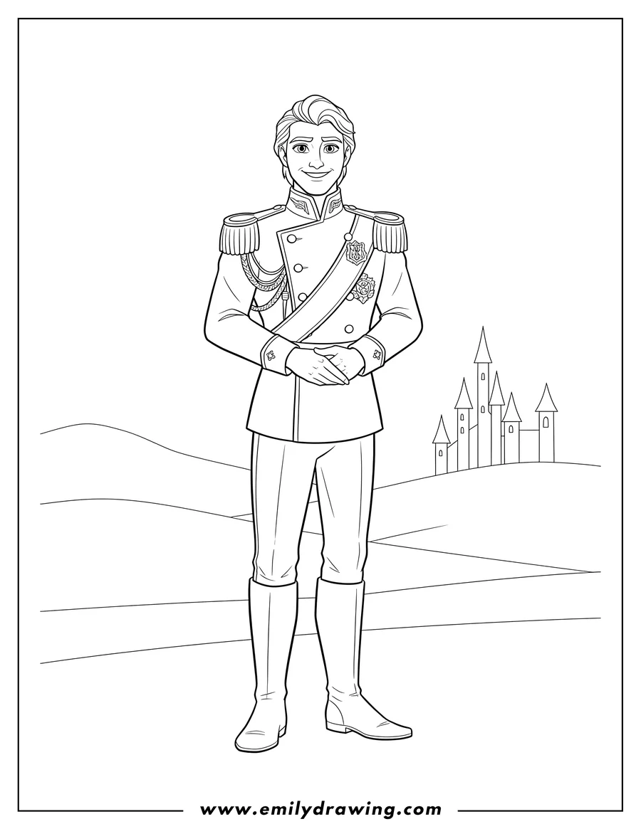 Downloadable coloring page of prince Hans standing and smiling in his uniform