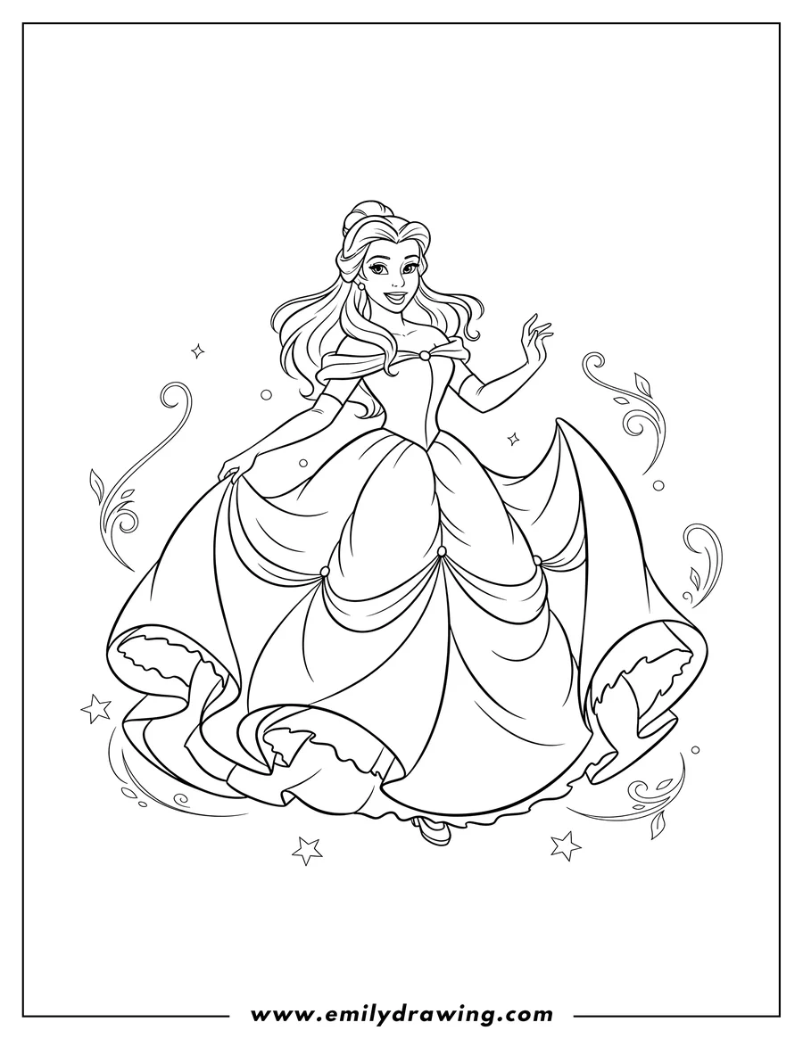Printable coloring page of princess Belle smiling and twirling in her stunning, flowing gown