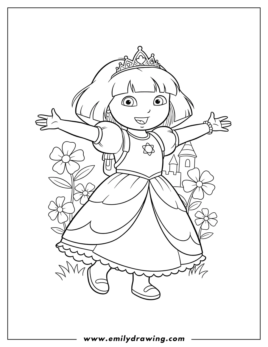 PDF style coloring page: princess Dora smiling with arms outstretched