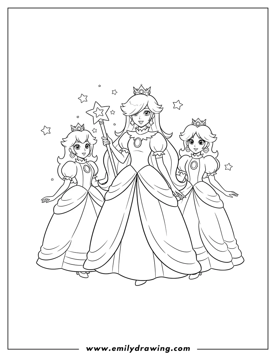 Downloadable coloring page of princess Rosalina Peach And Daisy standing together, Rosalina holding a star wand