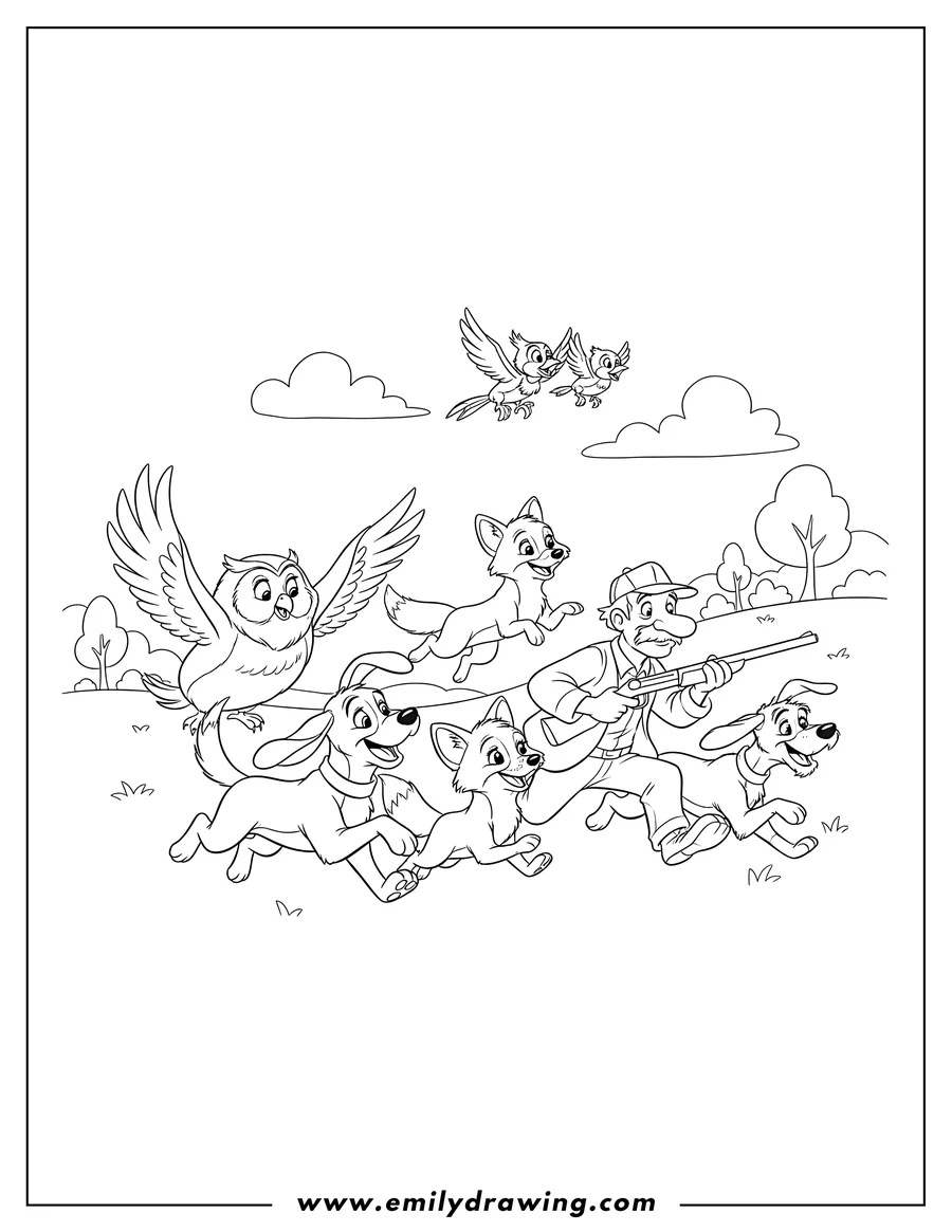Simple sketch of adult Copper and Todd running with Big Mama, Amos, Chief, Vixey, Boomer, and Dinky to color