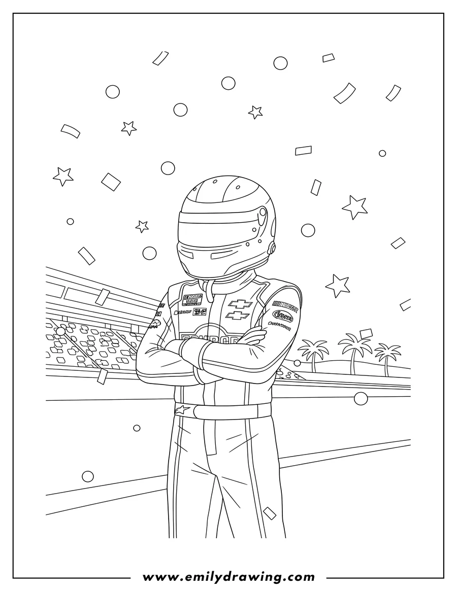 Printable coloring page of aj Allmendinger Nascar driver with helmet on, in a racing suit with arms crossed and confetti falling