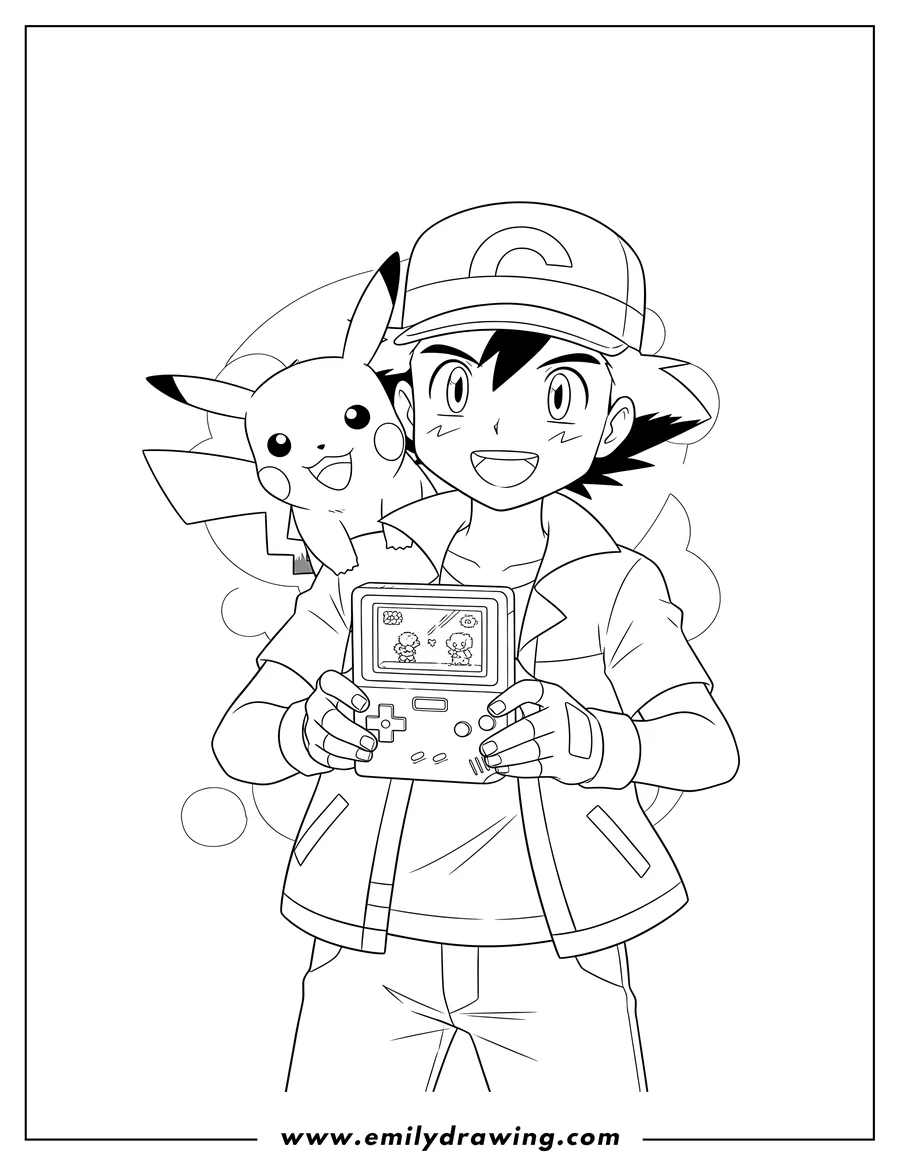 Full page coloring image of ash Ketchum Video Game with Pikachu on his shoulder