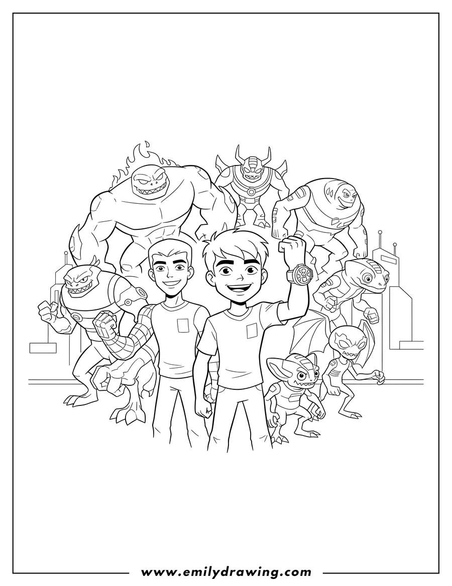 Downloadable coloring page of ben 10 smiling with the Omnitrix, Kevin Levin, and many aliens surrounding them