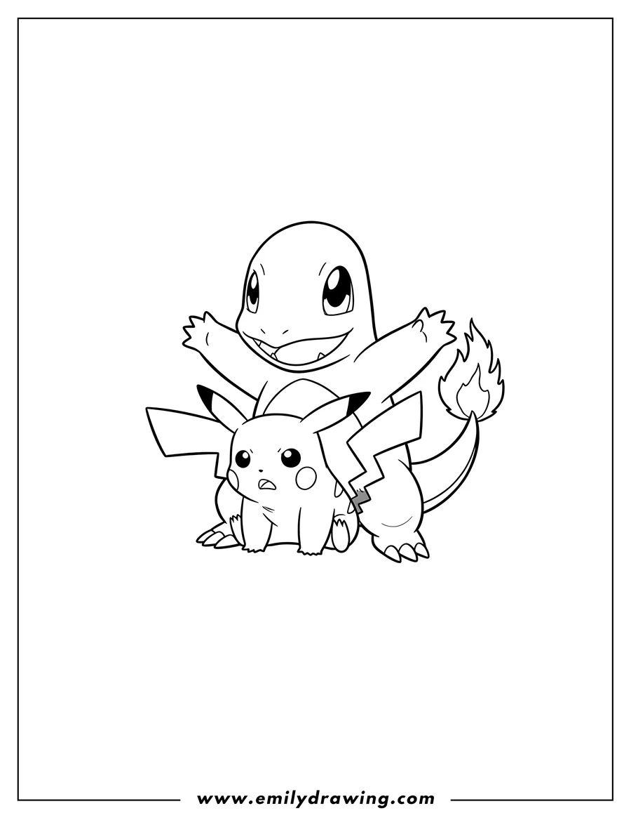 Coloring page for kids: charmander shielding a scared Pikachu with its arms
