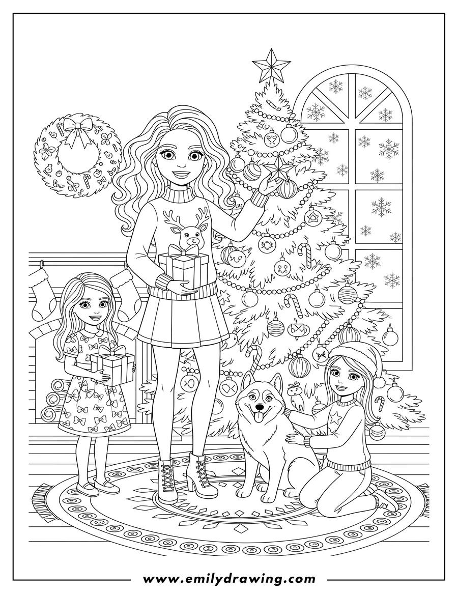 Printable coloring page of christmas Themed Barbie Scaled: girls decorating a Christmas tree, holding gifts, and playing with a husky dog
