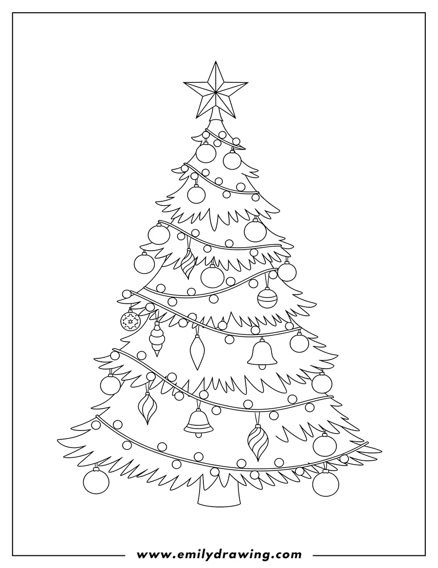 Doodle style coloring picture of christmas tree with a star on top, decorated with ornaments and lots of lights, for coloring