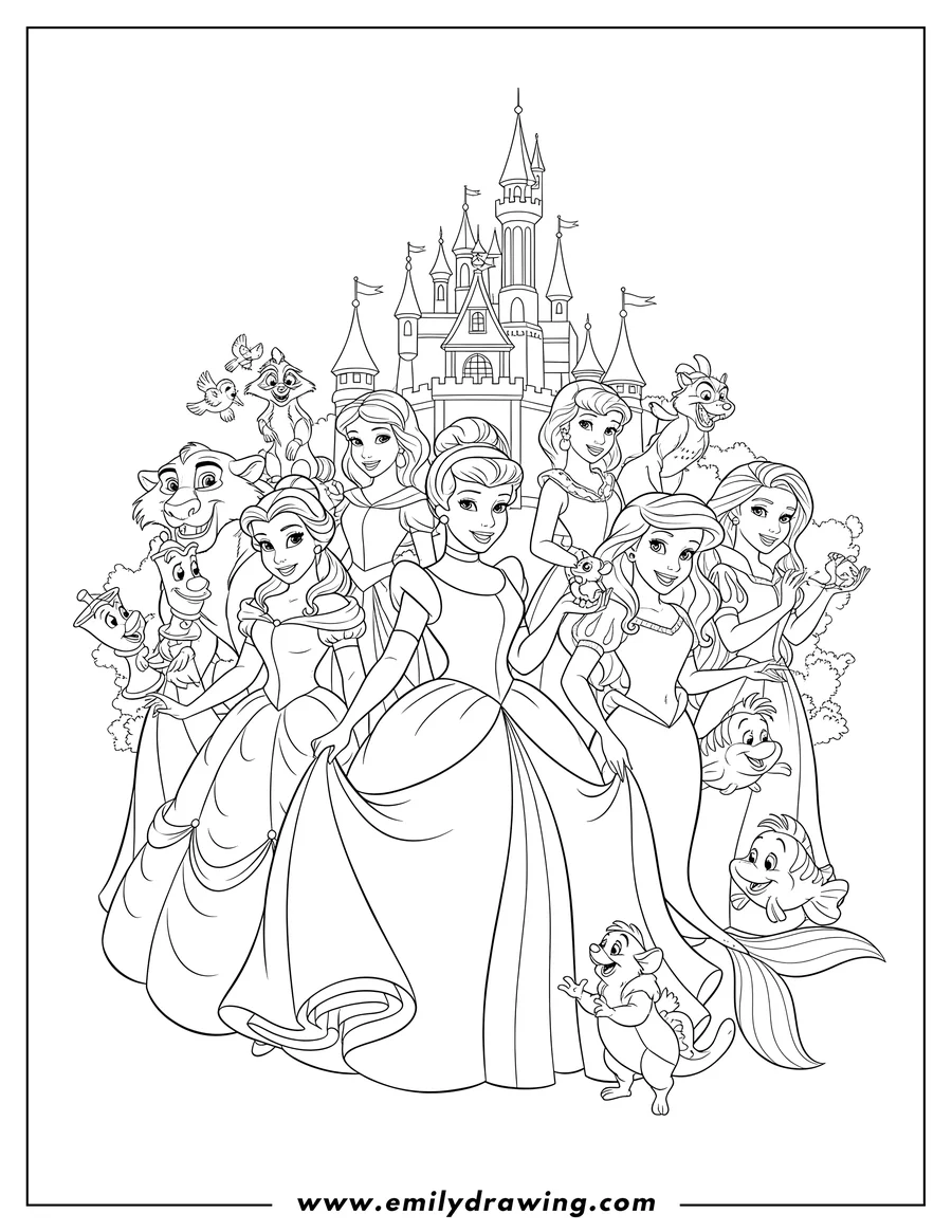 Full page coloring image of A group of Disney Princesses posing with their animal friends in front of a castle