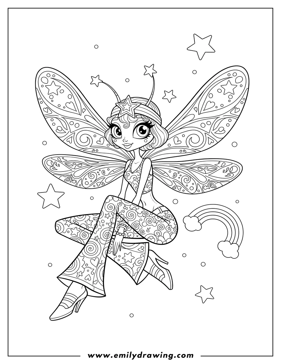 Outline drawing of lisa Frank Diva Dragonfly sitting in retro bell-bottoms and a headband