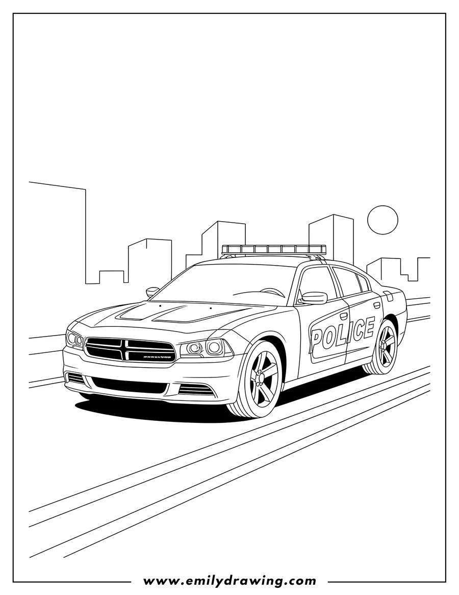 Downloadable coloring page of dodge Charger Police Car On Street To Color Scaled, with 'POLICE' text on its side and a light bar on the roof