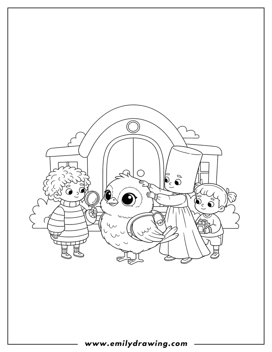 Black and white line art of edie Von Keet Preschoolers, featuring a cute big-eyed bird