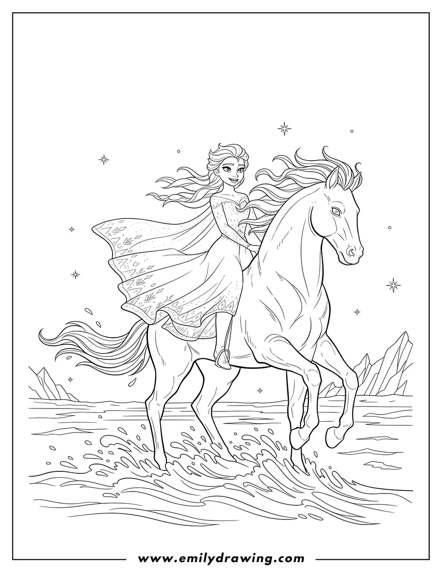 Clean line drawing: elsa riding the water horse Nokk with long, flowing hair