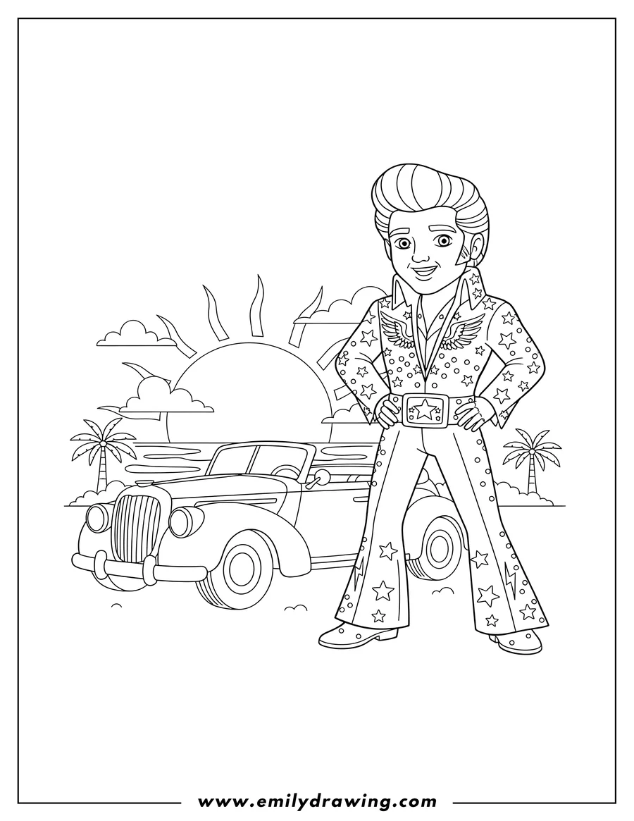 Black and white line art of elvis Presley, wearing an embellished jumpsuit and with hand on hip, posing beside a vintage convertible car at sunset
