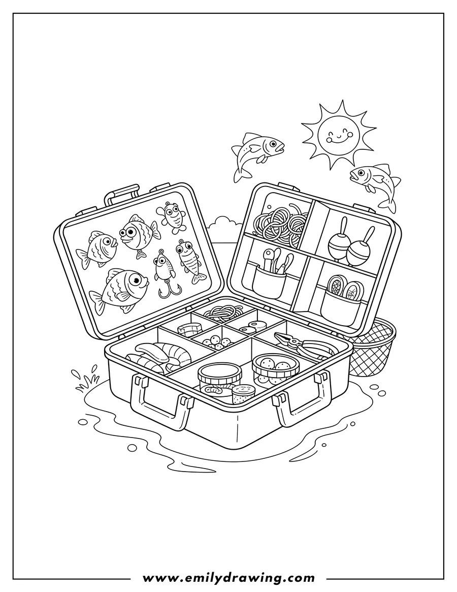 Printable coloring page of fishing Tool Box, open and filled with tackle