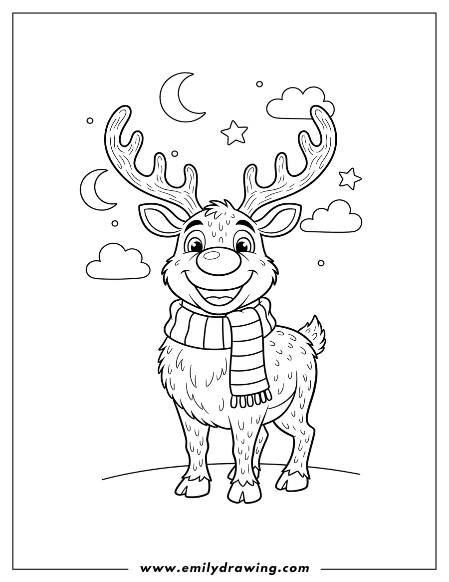 Clean line drawing: furry Rudolph with Antlers wearing a striped scarf, smiling under a night sky