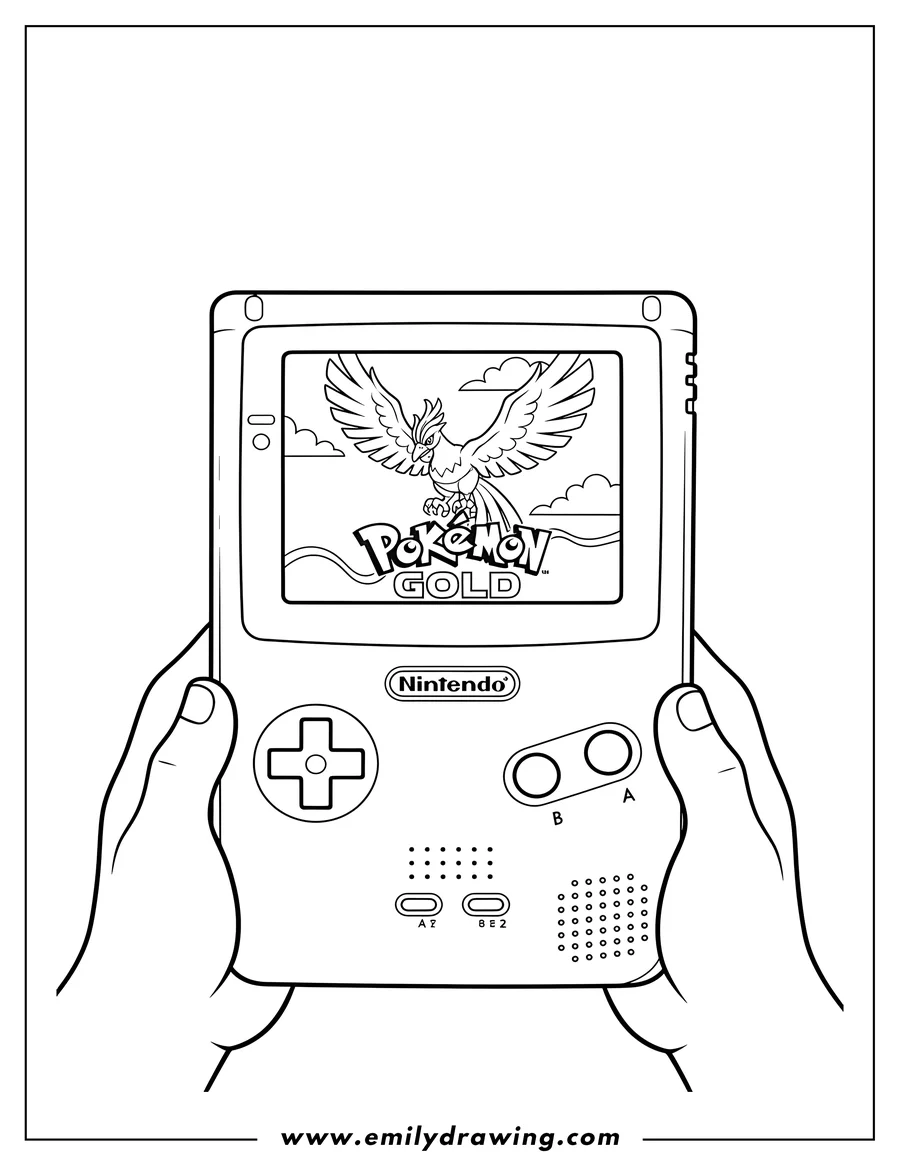 Printable line art of nintendo Game Boy Color showing Pokemon Gold Version with Ho-Oh