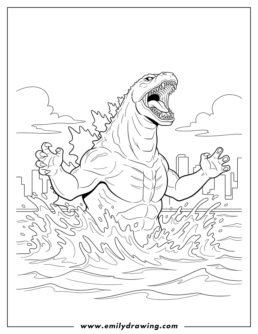 Coloring sheet featuring godzilla Movies: Godzilla roaring in water