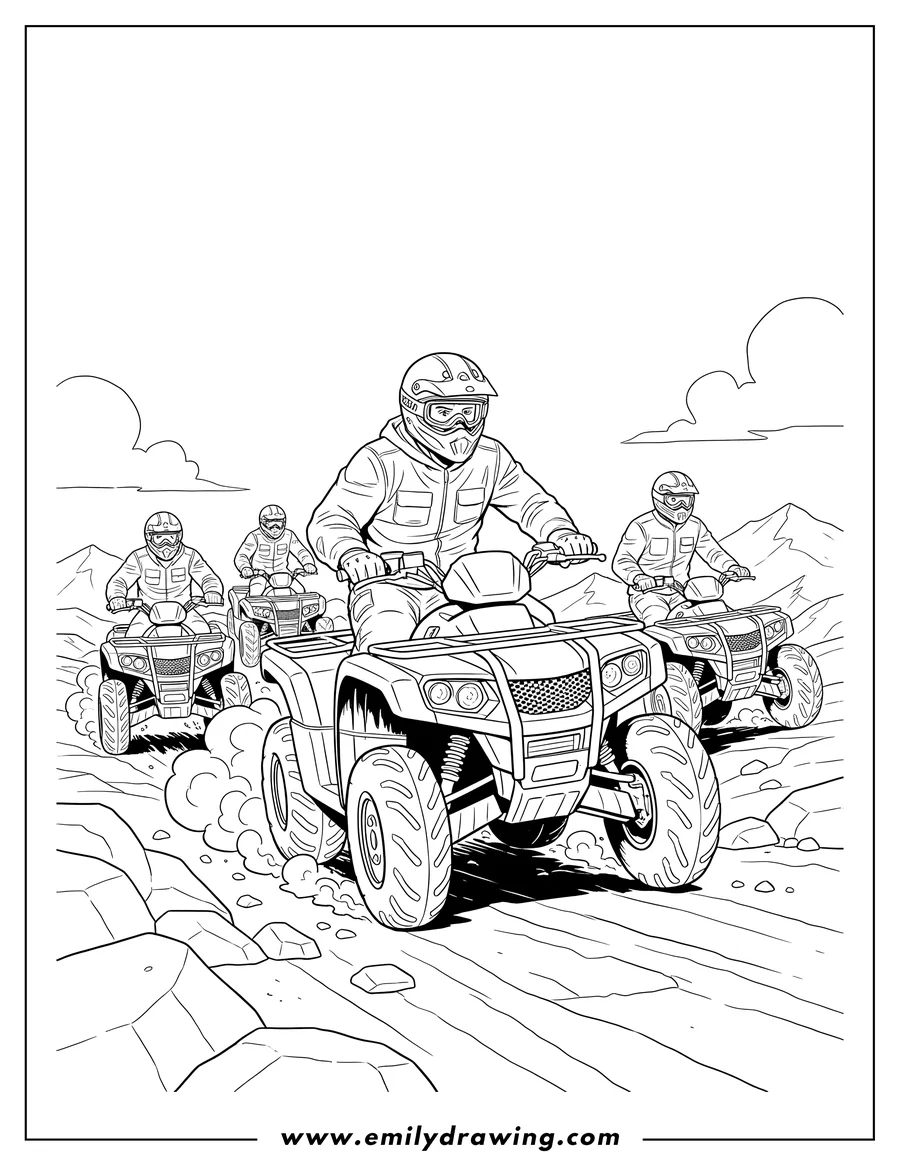 Downloadable coloring page of group Men Driving Atvs On Rocky Terrain, wearing helmets and following each other